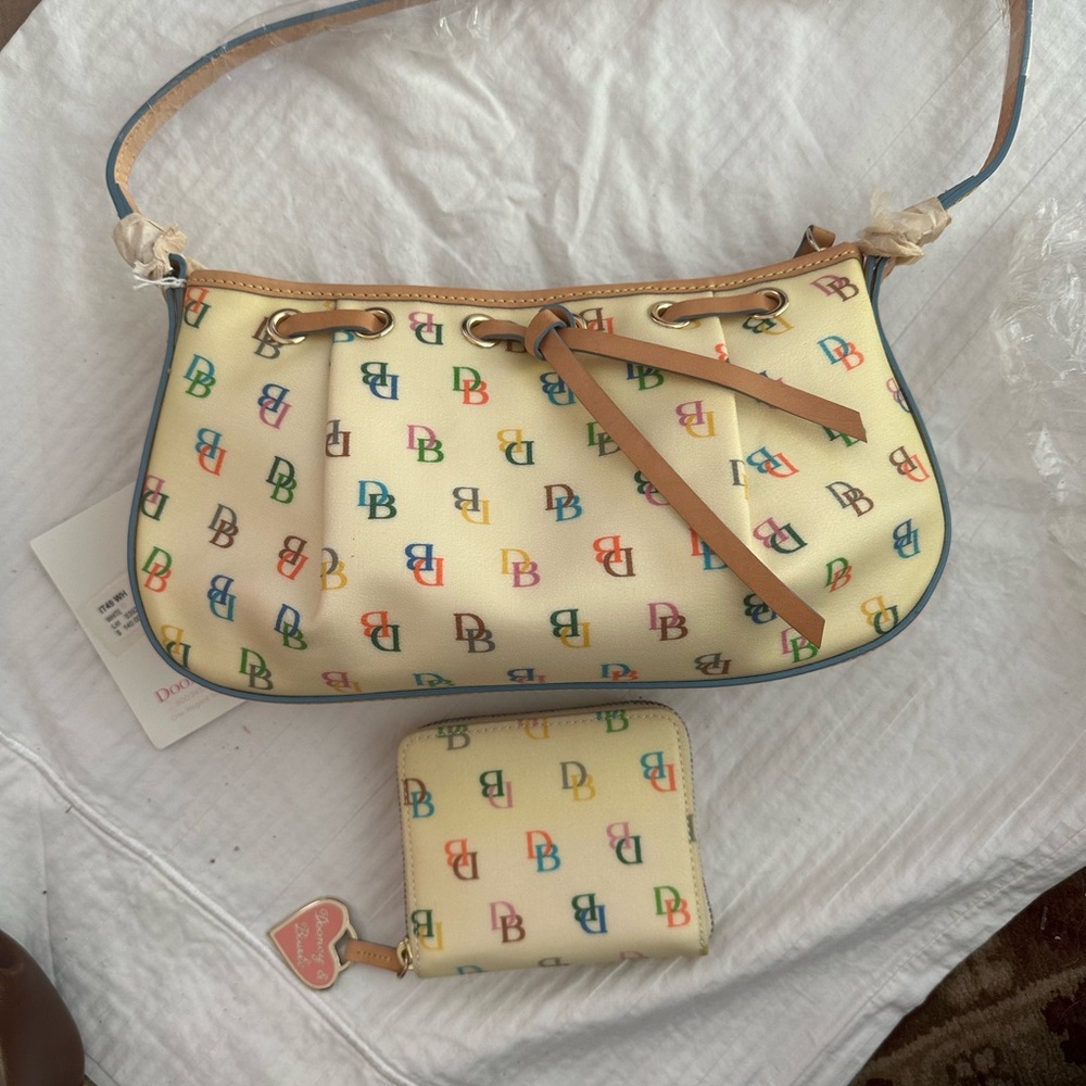 Dooney & Bourke Tan Shoulder Bag with Playful Pattern with matching wallet